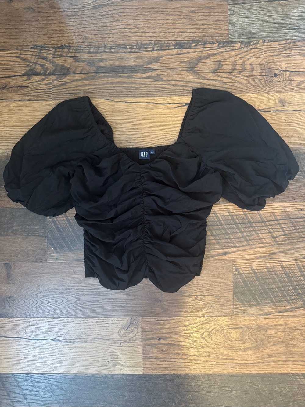 GAP Black Ruched Puff-Sleeve Blouse size Large